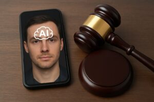 Close up of a gavel next to a smartphone showing an AI-altered face, symbolizing new federal deepfake crime laws and legal defense.