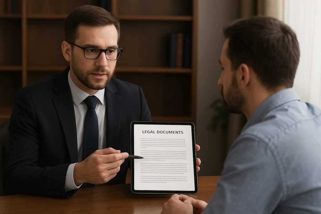 A professional Plano defense lawyer discussing strategy with a client over a tablet showing legal documents.
