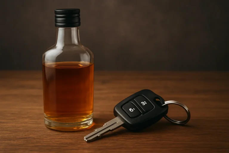 A bottle of alcohol and a set of car keys, representing the new felony consequences for providing alcohol to a minor.