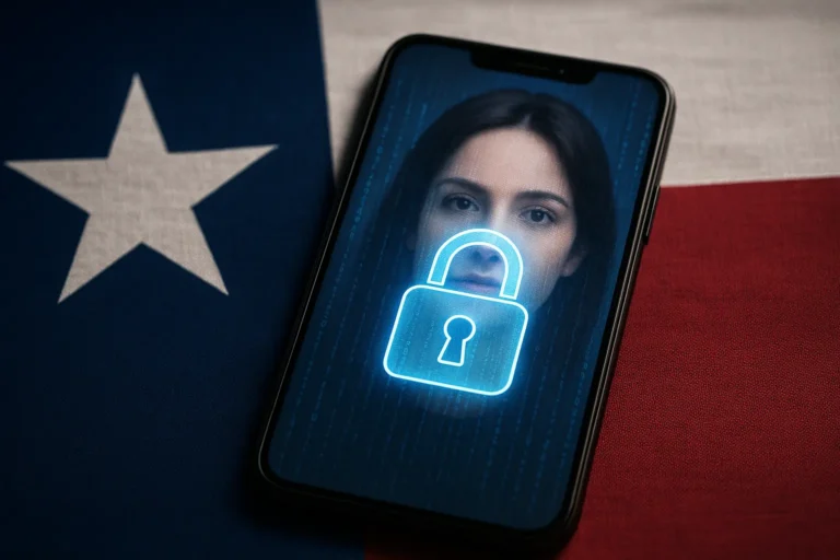 A futuristic digital lock over a smartphone showing an AI-altered face, representing Texas laws against deep fake porn.