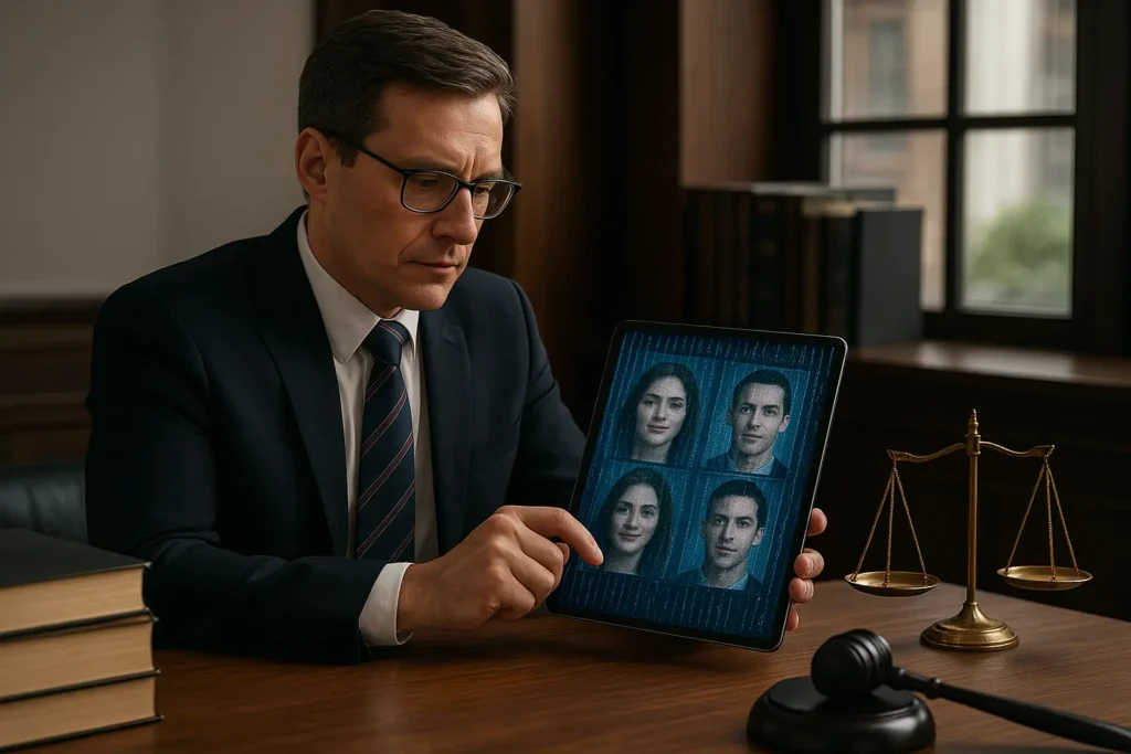 A lawyer reviewing digital evidence on a tablet in a Plano law office.