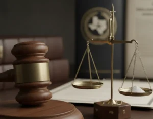 A judge's gavel next to a tiny amount of powder on a scale, symbolizing severe penalties for small amounts of fentanyl.
