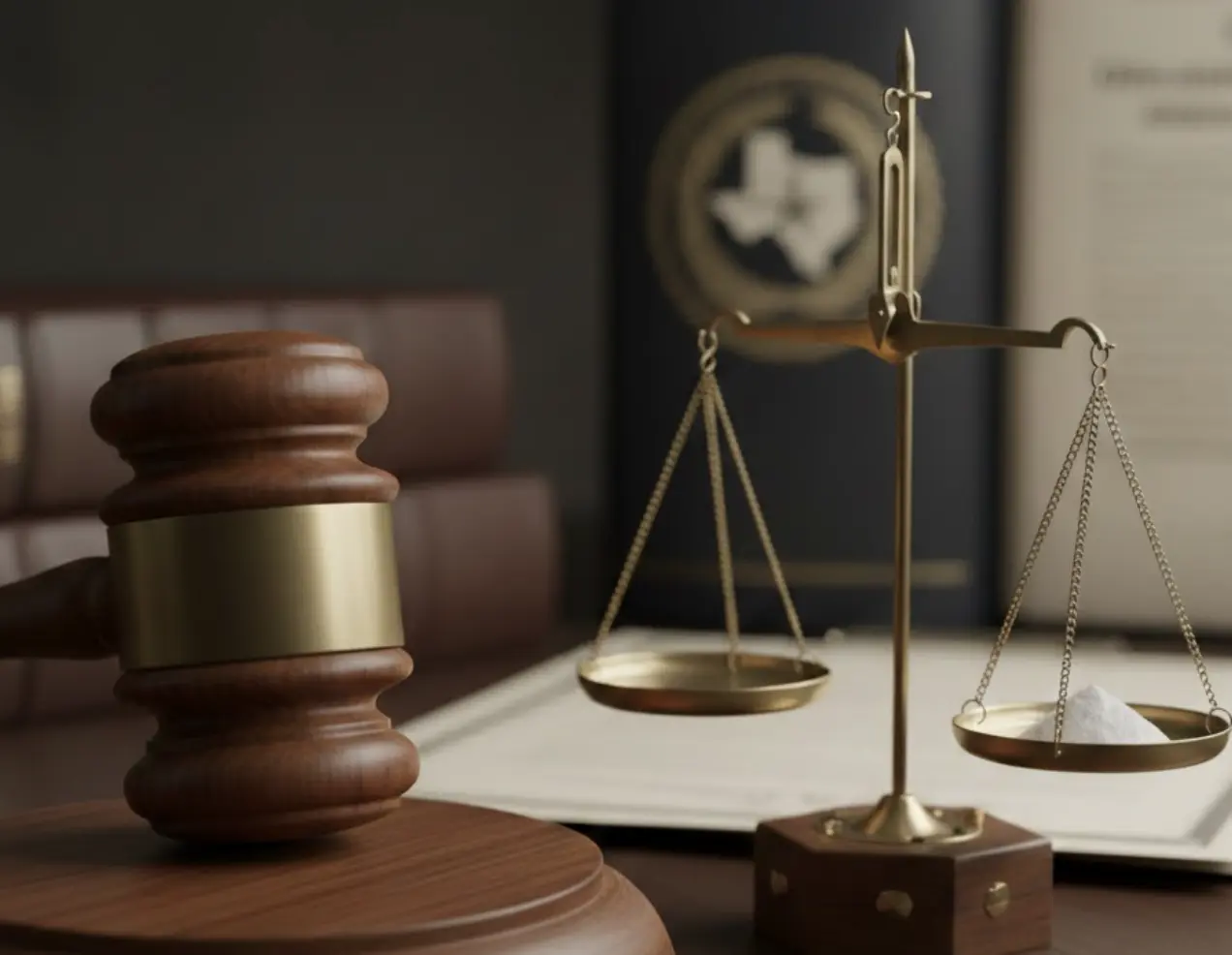 A judge's gavel next to a tiny amount of powder on a scale, symbolizing severe penalties for small amounts of fentanyl.