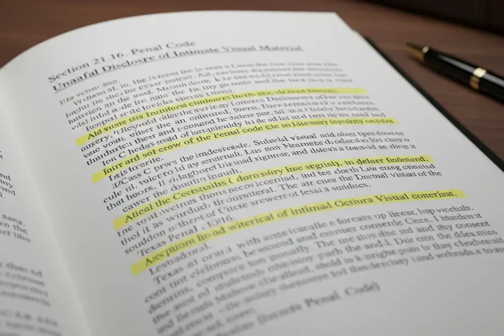 A highlighted section of the Texas Penal Code, Section 21.16, regarding unlawful disclosure of intimate visual material.