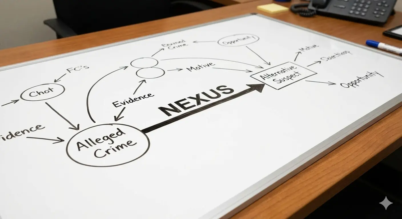 A conceptual diagram showing the legal "nexus" connection required for an alternative perpetrator defense in Texas.