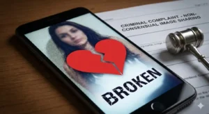 A smartphone screen showing a private photo with a broken heart overlay, symbolizing revenge porn.