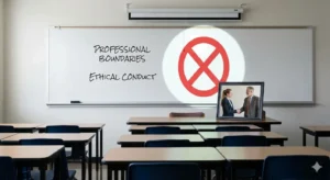 A blurred image of a teacher and student, with a red "no" symbol over it, representing prohibited relationships.