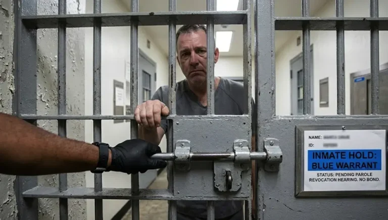 A jail cell door closing, symbolizing the loss of freedom from a blue warrant arrest.