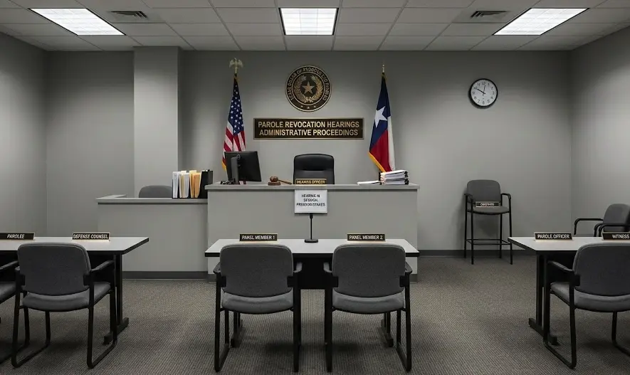 An empty administrative hearing room, representing the parole revocation hearing process.