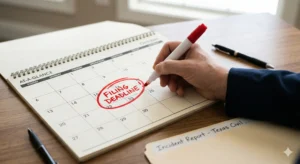 A calendar with a red circle around a deadline date, emphasizing the importance of filing on time.