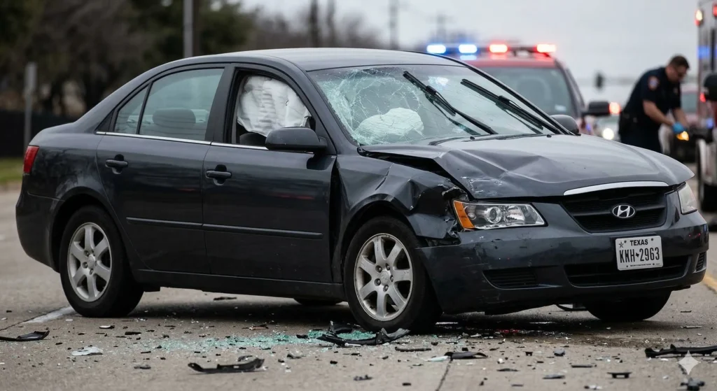 A damaged vehicle at a Texas car accident scene, representing serious crash injuries.