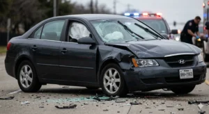 A damaged vehicle at a Texas car accident scene, representing serious crash injuries.