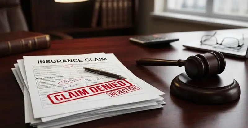 A denied insurance claim document next to a gavel, representing the consequences of mistakes.
