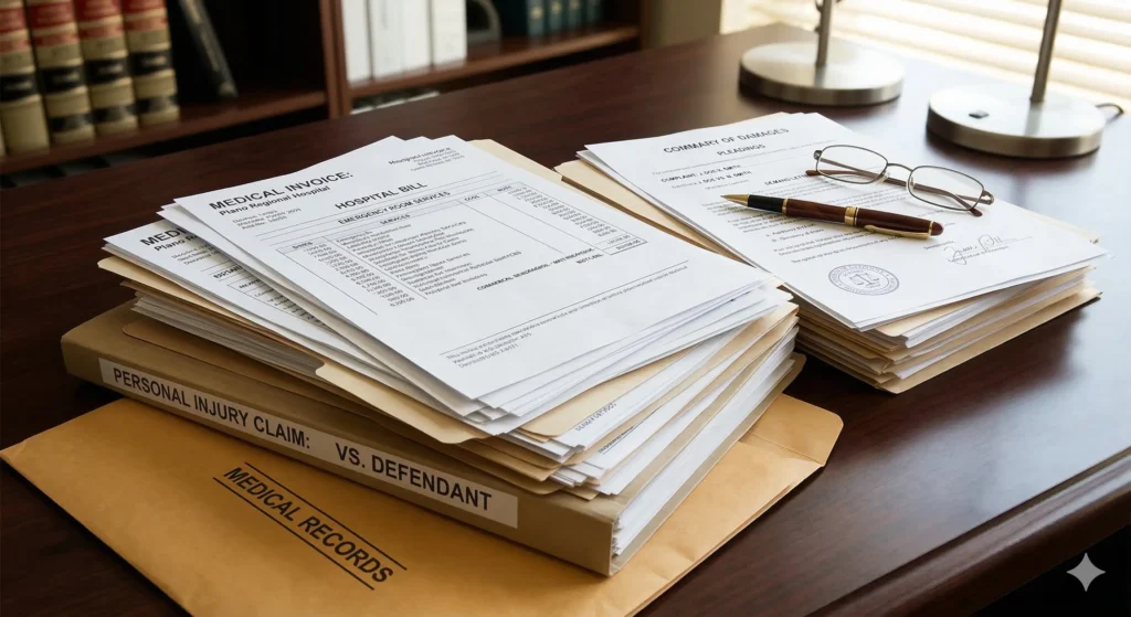 A stack of medical bills and legal papers, representing the documentation needed for a personal injury claim.