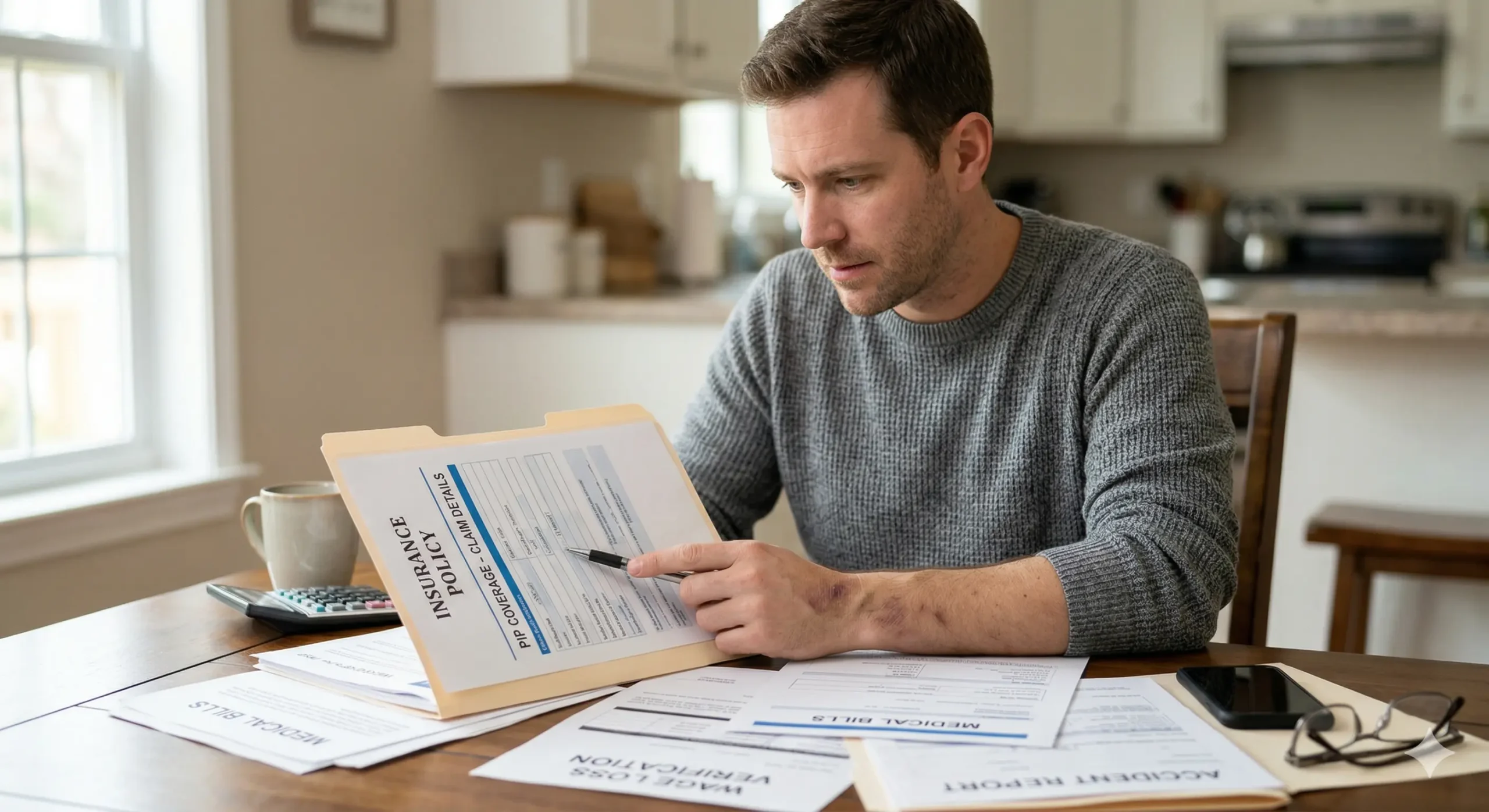 A driver reviewing insurance documents after a car accident, representing PIP coverage.