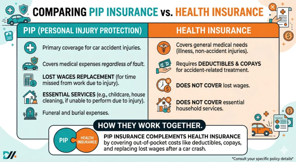 A comparison chart showing PIP insurance versus health insurance coverage differences.