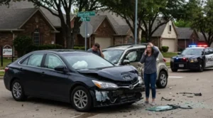 A damaged vehicle at a car accident scene in a Plano, Texas neighborhood.