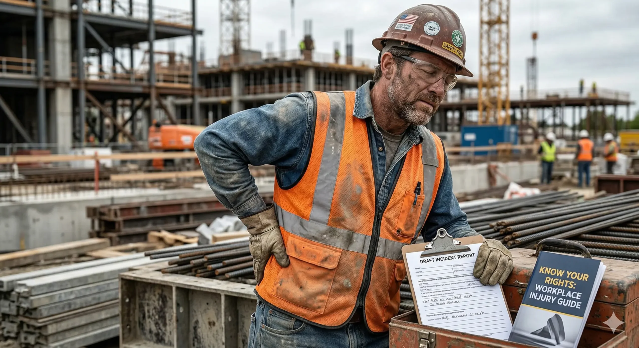 A construction worker on a site, representing workplace injury risks and the need for legal protection.