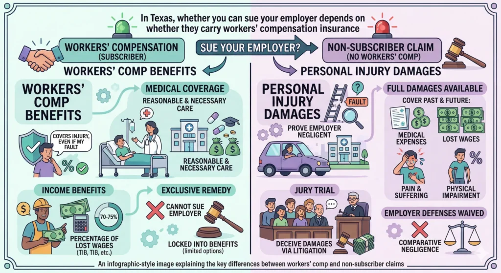 A comparison chart showing workers' compensation benefits versus personal injury lawsuit damages.