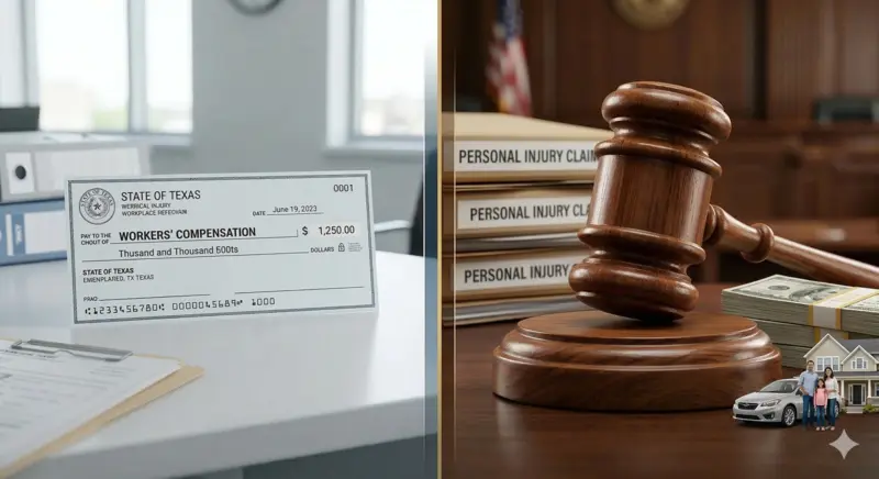 A split image showing a workers' compensation check on one side and a gavel on the other.