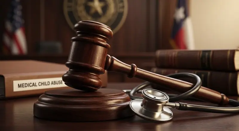 A judge's gavel next to a stethoscope, symbolizing the legal consequences of medical child abuse.
