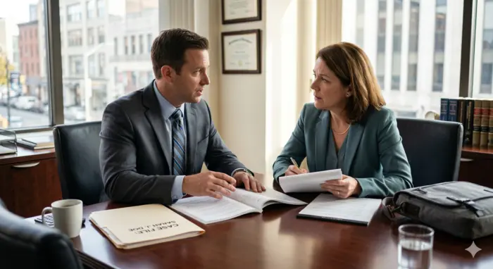 A pedestrian accident attorney meeting with a client at a conference table, discussing a personal injury case.