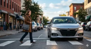 A person crossing a street at a crosswalk with an approaching car, representing pedestrian accident risks.
