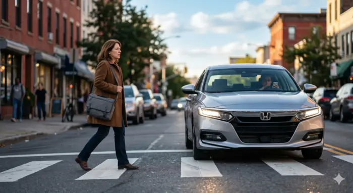 A person crossing a street at a crosswalk with an approaching car, representing pedestrian accident risks.