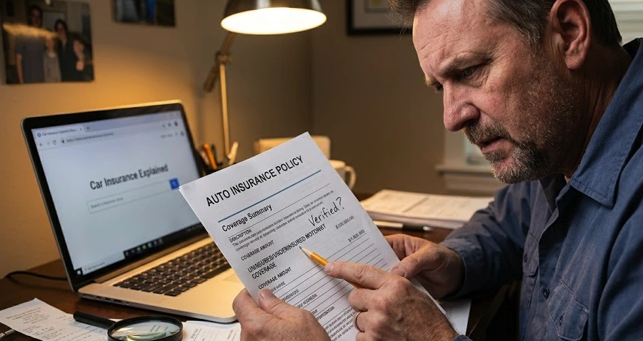 A person reviewing an insurance policy document, looking for uninsured motorist coverage.