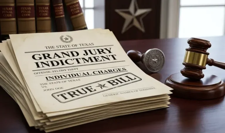 A gavel with legal documents representing a grand jury indictment in Texas.