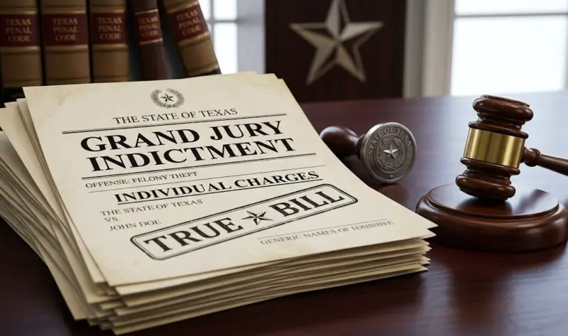 A gavel with legal documents representing a grand jury indictment in Texas.