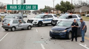 A car accident scene with a police car and damaged vehicles, representing a crash with an uninsured driver.