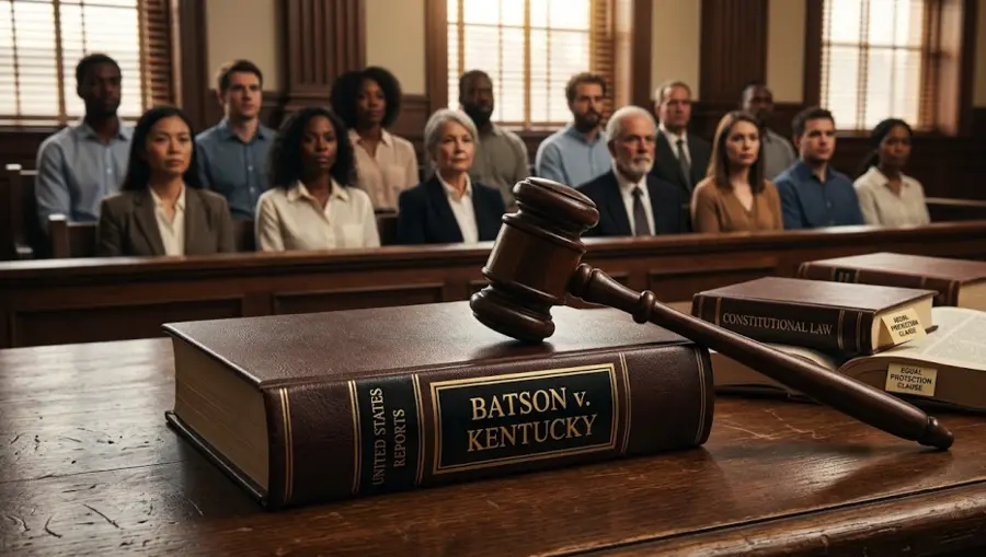 A legal gavel and law books representing the Batson v. Kentucky Supreme Court decision.